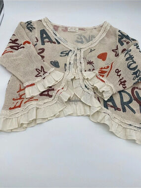 Paper Lace Cotton Graphic Ruffle Top in Cream & Red, Brand New